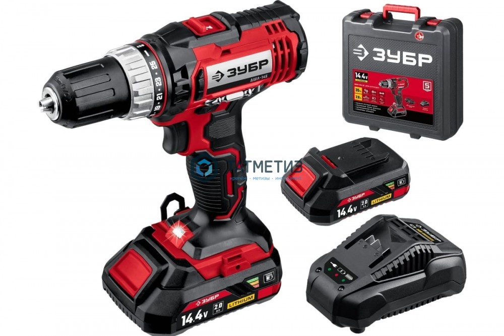 Дрель-шуруповерт, 14.4 В, 1,3 А/ч, Li-Ion, 2-х скор., 10мм, 0-400/0-1400об/мин, 2 АКБ, БЗУ, ЗУБР Дрель-шуруповерт, 14.4 В, 1,3 А/ч, Li-Ion, 2-х скор., 10мм, 0-400/0-1400об/мин, 2 АКБ, БЗУ, ЗУБР