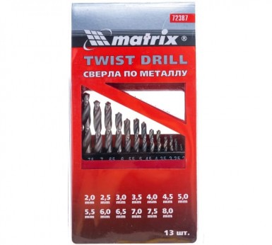 Набор сверл по металлу, 2-8 мм (через 0, 5 мм), HSS, 13 шт., метал. коробка цил. хвостовик MATRIX |  «ТАТМЕТИЗ» Набор сверл по металлу, 2-8 мм (через 0, 5 мм), HSS, 13 шт., метал. коробка цил. хвостовик MATRIX -  магазин «ТАТМЕТИЗ»